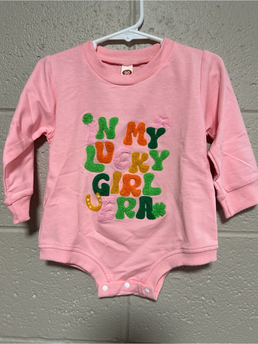 12/18m “in my lucky girl era”Pink Baby Bodysuit with Chenille Lettering